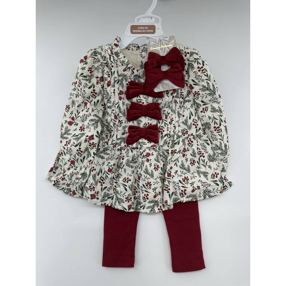 Tommy Bahama Baby Girls Christmas Holiday Dress Pants Hair Bow Set Size 2T NWT